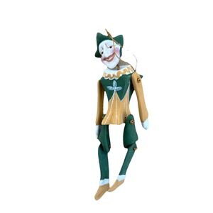 Vintage Jointed ceramic Harlequin Jester Ornament‎ Articulated Green Gold